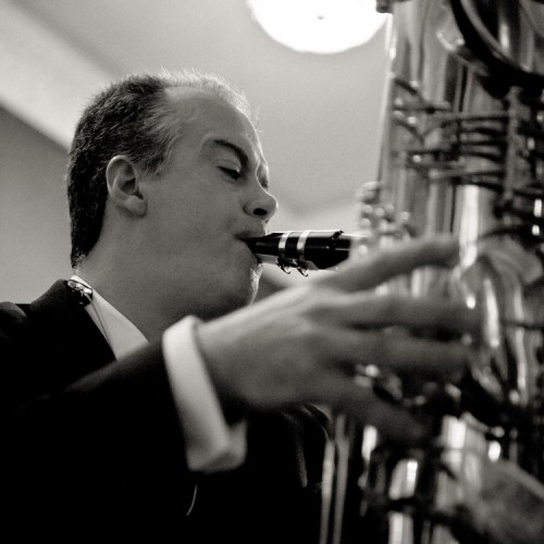 subcontrabass saxophone, J'Elle Stainer, b&w photo, saxophone player