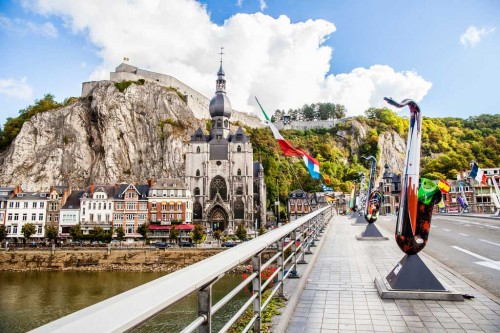 Belgium, bridge, saxophone sculptures, Collegiate Church of Notre-Dame, moutain, houses, citadel, Meuse River