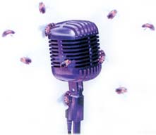 microphone First Cool Hive logo, microphone, bees flying around