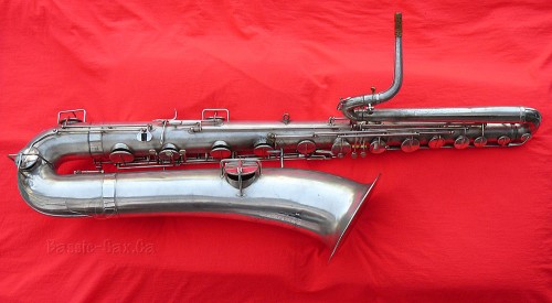 bass saxophone, vintage, American, silver plated, red cloth