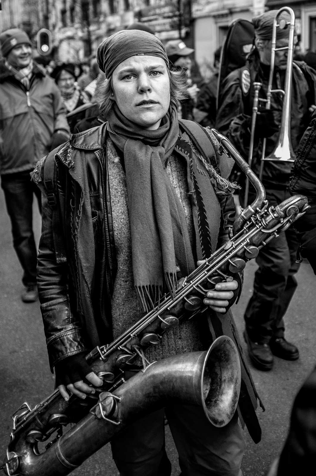 B&W Protest Photo Of A Bari Sax Player