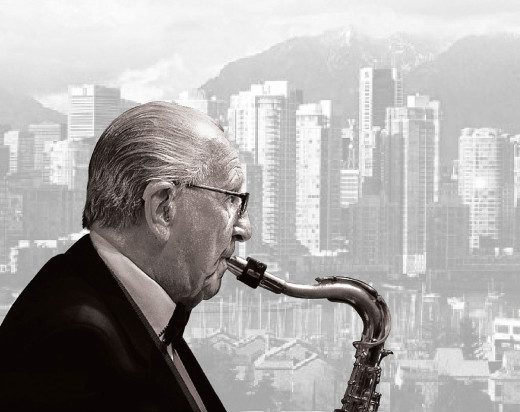 Dal Richards, Vancouver skyline, male tenor sax player, senior citizen playing saxophone
