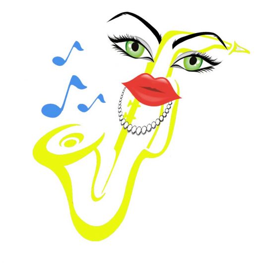 cartoon sax, female saxophone, pearl necklace, red lips, green eyes, female cartoon sax