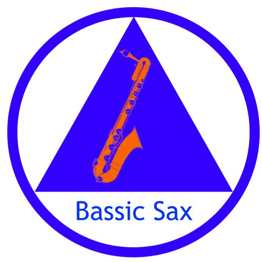Bassic Sax log, orange saxophone inside blue triangle, blue circle