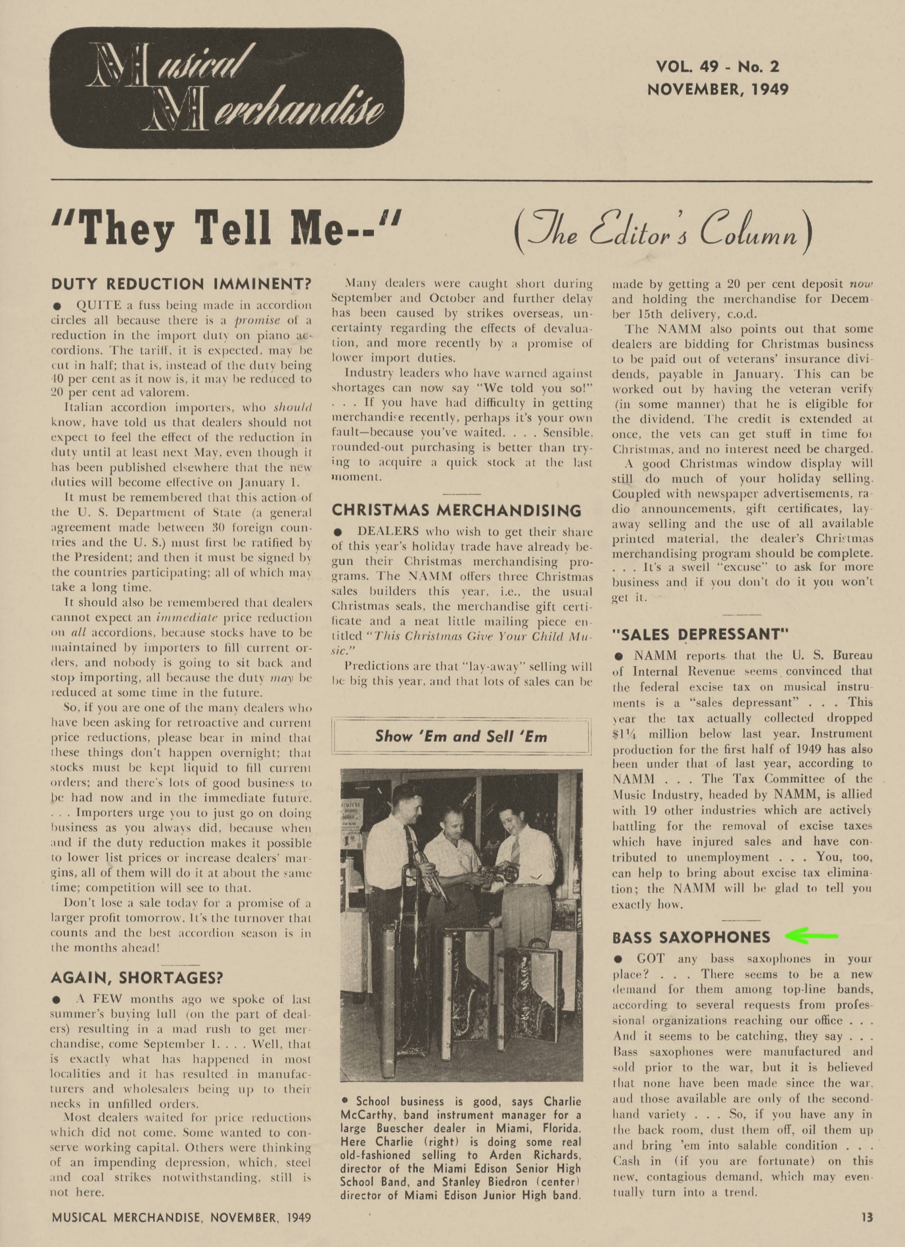 bass sax comeback vintage trade magazine, musical merchandise, Nov. 1949, bass saxophones making a comeback
