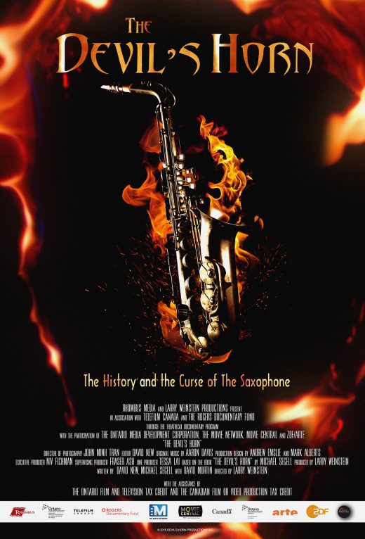 movie poster, The Devil's Horn, alto saxophone surrounded by flames