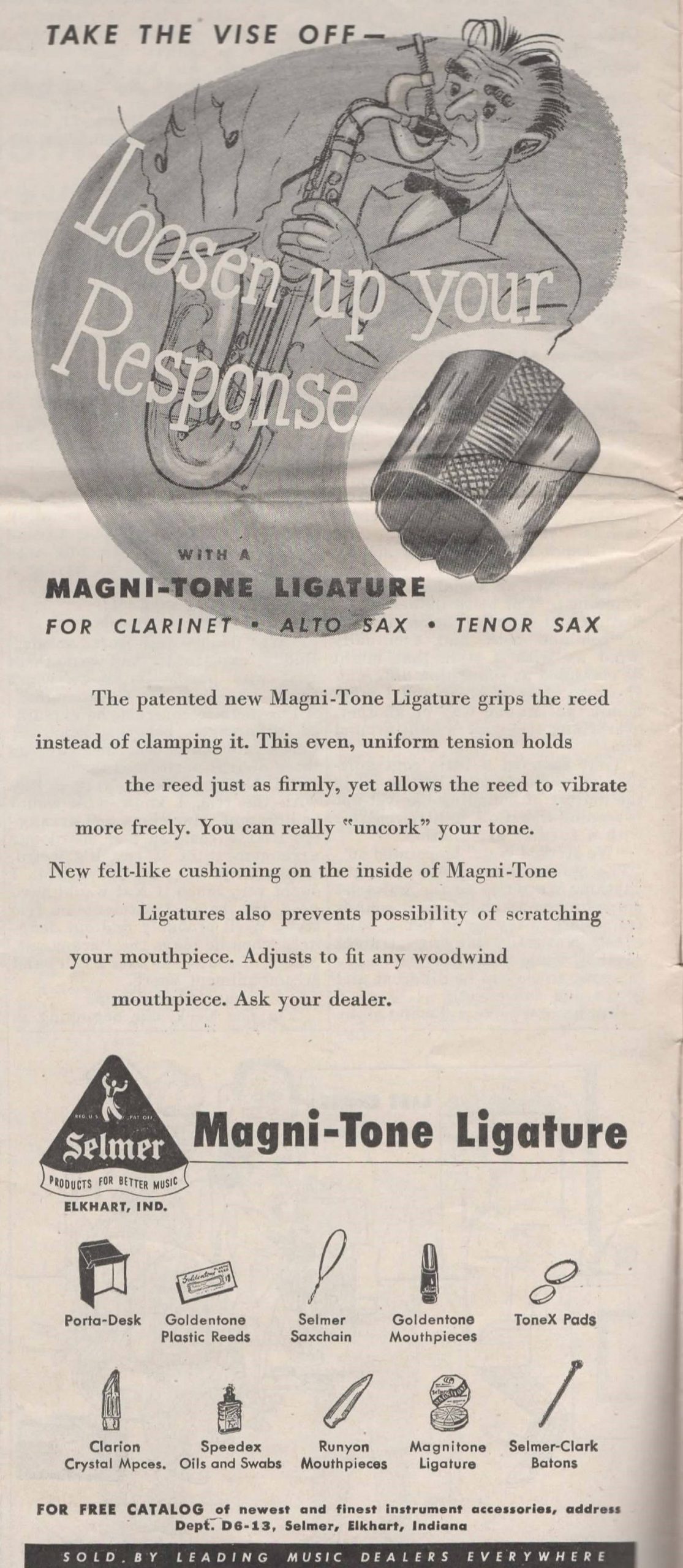 magni-tone lig vintage print ad, Selmer accesories, Magni-tone ligature, Downbeat, June 1948
