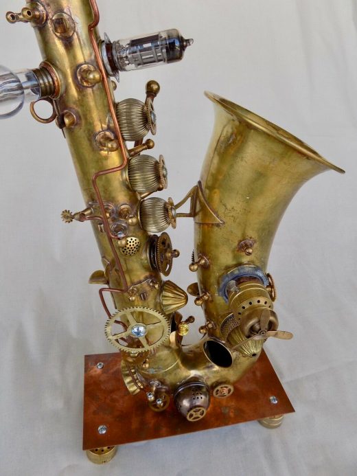 steampunk sax, vintage saxophone, alto saxophone converted to steampunk sculpture