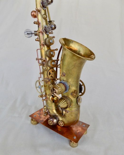 steampunk sax, vintage saxophone, alto saxophone converted to steampunk sculpture
