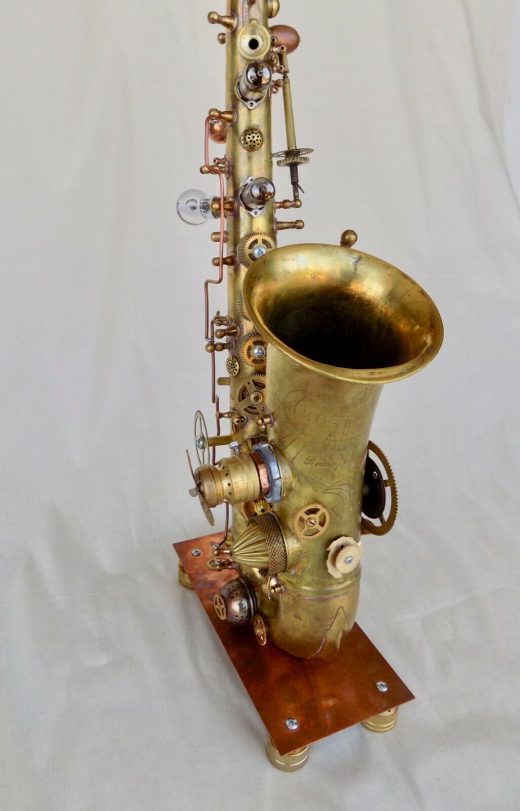steampunk sax, vintage saxophone, alto saxophone converted to steampunk sculpture