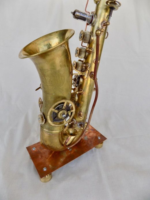 steampunk sax, vintage saxophone, alto saxophone converted to steampunk sculpture