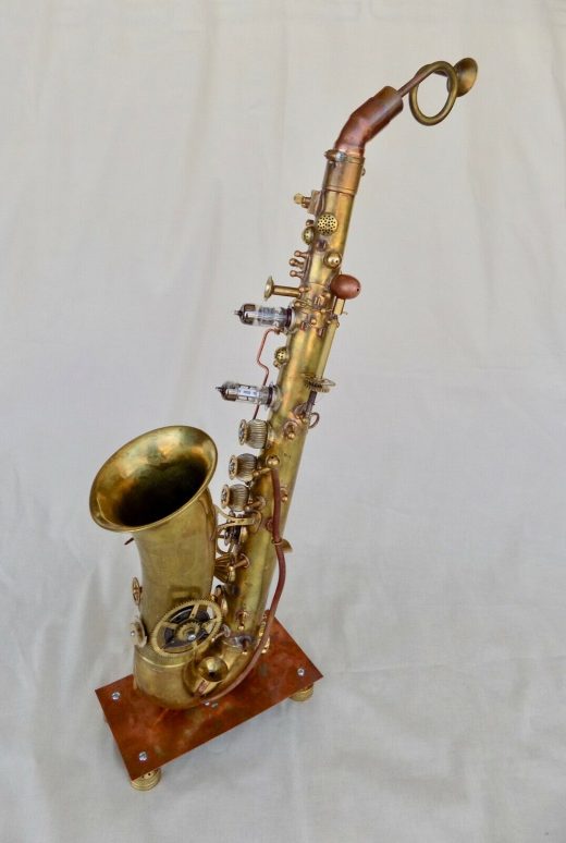 steampunk sax, vintage saxophone, alto saxophone converted to steampunk sculpture