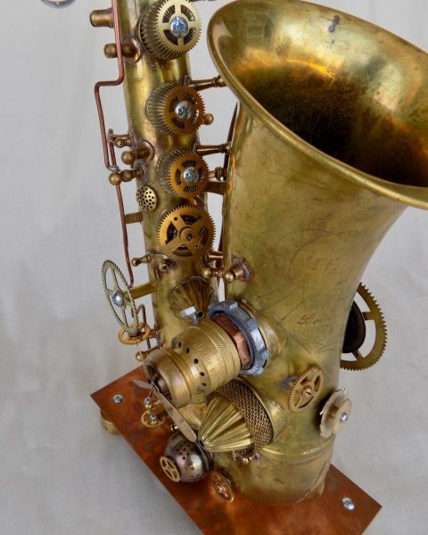 steampunk sax, vintage saxophone, alto saxophone converted to steampunk sculpture