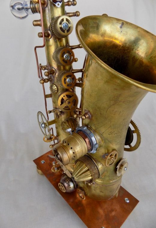 steampunk sax, vintage saxophone, alto saxophone converted to steampunk sculpture