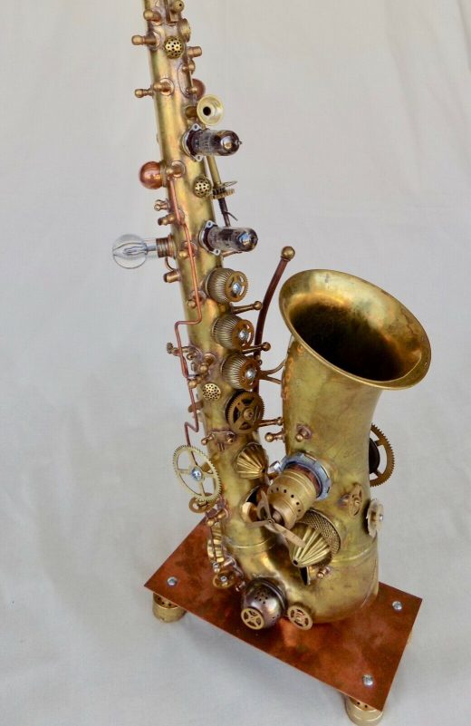 steampunk sax, vintage saxophone, alto saxophone converted to steampunk sculpture