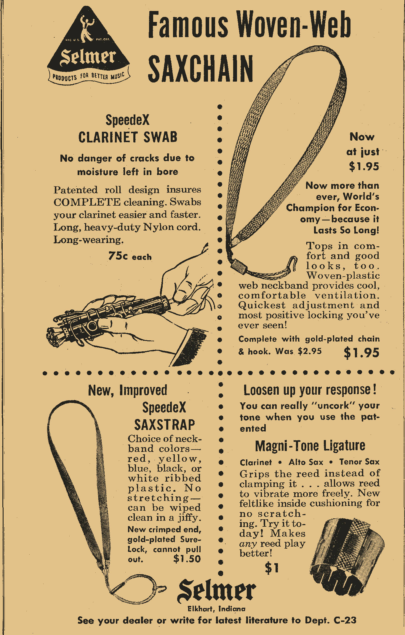 selmer accessories vintage pritn ad, Selmer accessories, neck straps, Magni-tone ligature, cleaning swab, Downbeat magazine, Feb. 1950