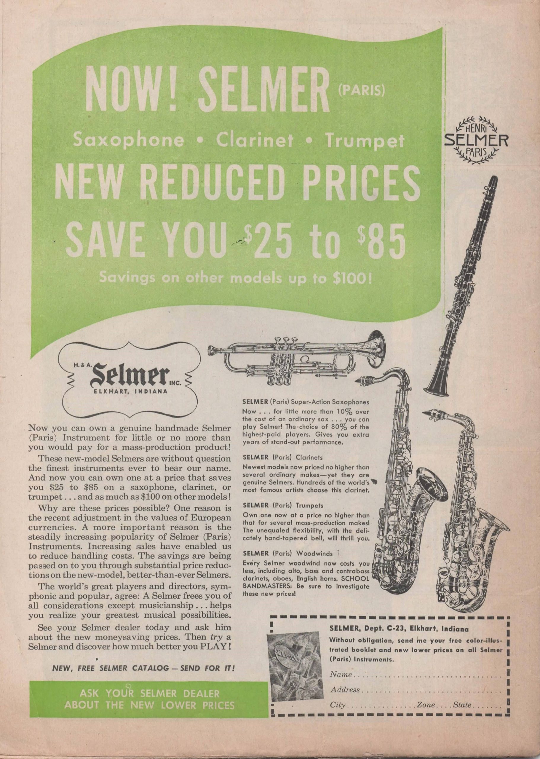 super balanced vintage print ad, vintage Selmer Paris ad, prices reduced, Downbeat, Feb. 1950