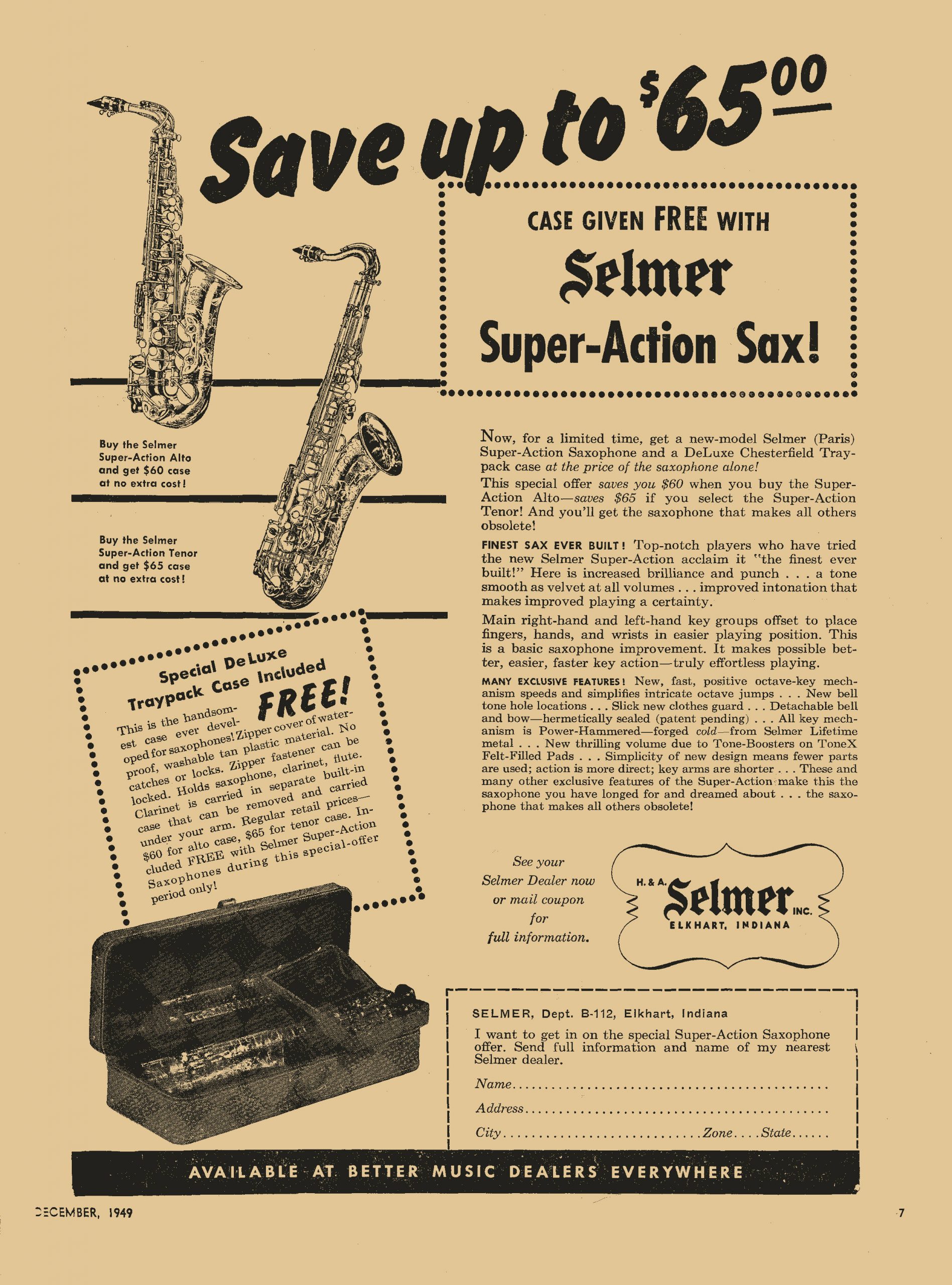 selmer super $65 off vintage print ad, vintage saxophone ad, Selmer Super-Action sax, $65 saving, Metronome magazine, Dec. 1949