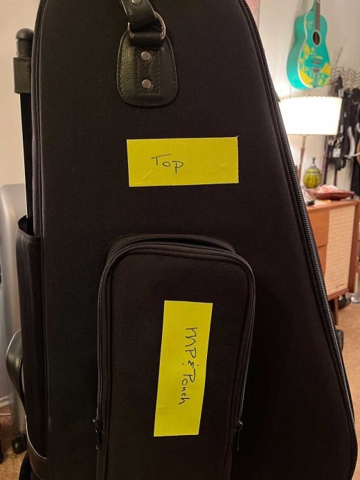 Gard Bass Saxophone Wheelie 108-WBFSK, bass sax gig bag, black bag with yellow labels, 