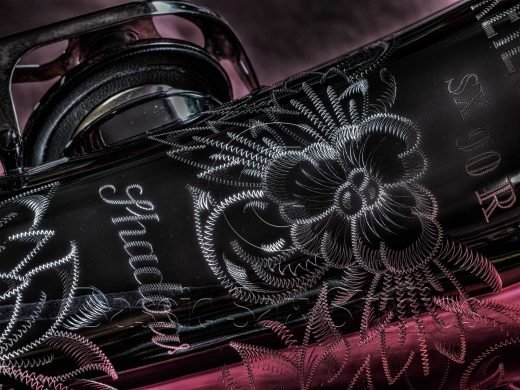 saxophone bell engraving, Julius Keilwerth, SX90R Shadow, hand engraving, black saxophone body, silver engraving, German saxophone
