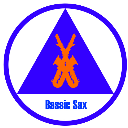 Bassic Sax log, transparent background, blue circle around blue triangle with two bass saxophones entwined around each other, Bassic Sax in a bold sans font typed under the base of the triangle