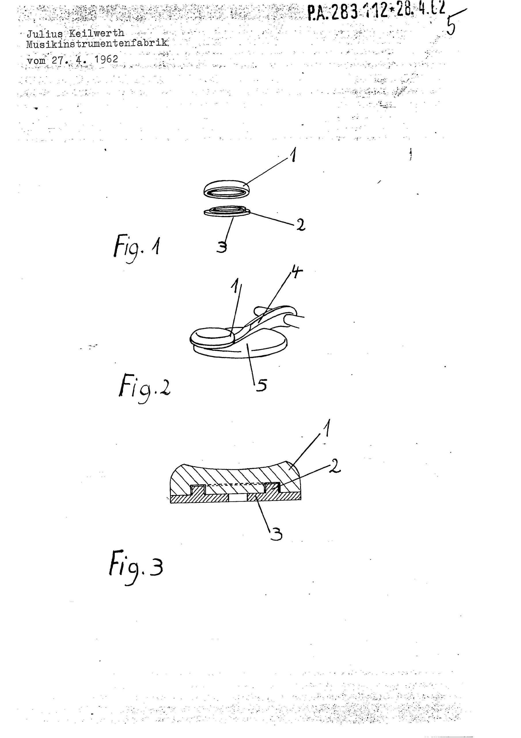 jk mop gebrm Gebrauchsmuster (GebrM) diagram, German utility model, Julius Keilwerth, April 27, 1962, large mother-of-pearl key touches for saxophone, vintage legal protection documents from European patent office