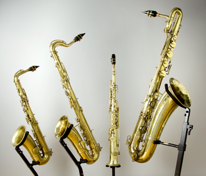 Barnard Instrument Repair: A family of Pre-Civil War Adolphe Sax saxophones.
