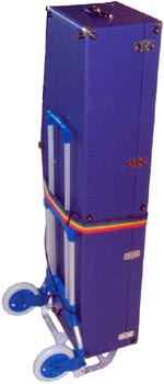 custom bass sax case, purple vinyl covering, upright, strapped to hand cart,