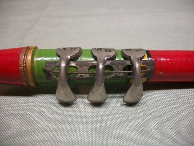 Key Detail wooden saxophone-shaped toy, vintage, Czechoslovakian, Czech Wooden Saxello